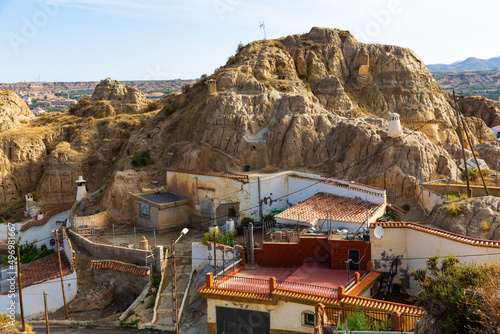 View from drone of famous cave house area in municipality of Guadix, province of Granada, Spain