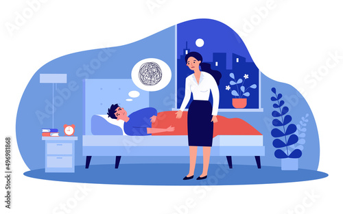 Sad son lying in bed at night with confusion in head. Woman trying to help boy with insomnia and anxiety flat vector illustration. Sleep disorder concept for banner, website design or landing web page