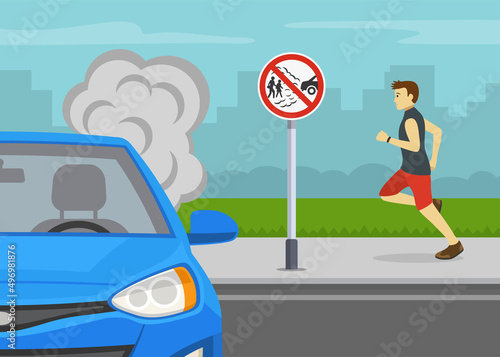 Outdoor parking rules. Close-up front view of a blue sedan car and "No idling, turn engine off" road or traffic sign. Idle-free zone. Flat vector illustration template.