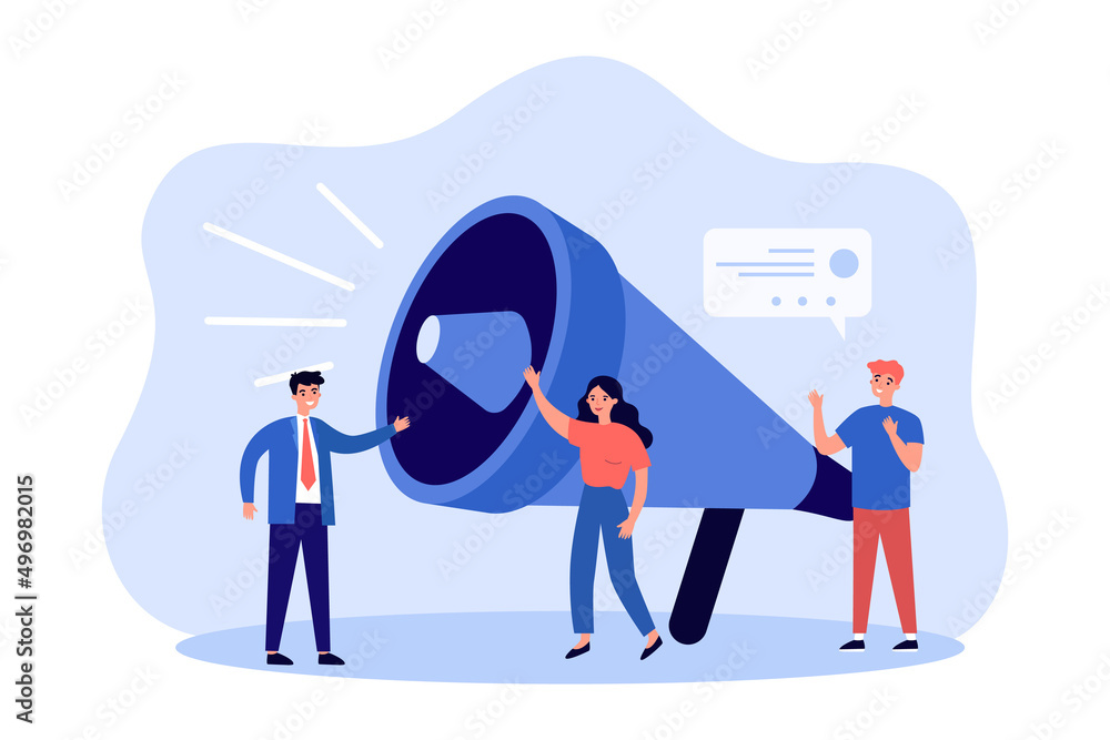 Business people announcing loud message through megaphone. Tiny characters drawing attention to news flat vector illustration. Warning content concept for banner, website design or landing web page - obrazy, fototapety, plakaty 
