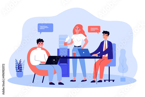 Coffee break of business people sitting at table with laptops. Male and female employees working in office flat vector illustration. Meeting concept for banner, website design or landing web page
