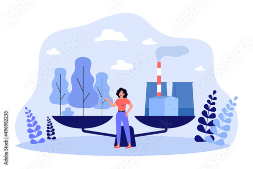 Choice between industrial production and nature for woman. Tiny person standing near scales with trees and factory flat vector illustration. Eco concept for banner, website design or landing web page