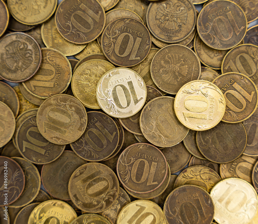 Russian coins, rubles. Background and texture of Russian money Russian coins, rubles. Background and texture of Russian money