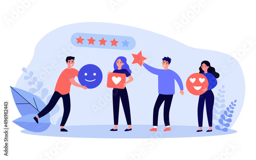 Customer giving rating stars, likes and positive feedback. Review from tiny male and female clients flat vector illustration. Rate, satisfaction concept for banner, website design or landing web page photo
