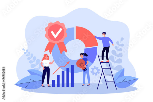 Analytic research and financial analysis from business people. Work of tiny man and woman with data reports flat vector illustration. Finance concept for banner, website design or landing web page