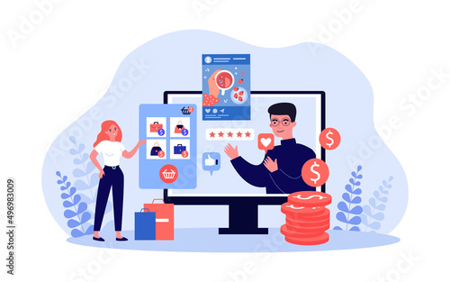 Advertising online content about purchases from influencer. Tiny woman shopping flat vector illustration. Social media, influence, commerce concept for banner, website design or landing web page