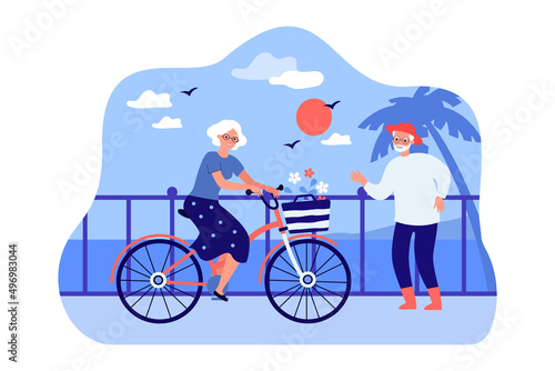 Travel vacation of active senior couple on sea beach. Old woman riding bicycle outdoors flat vector illustration. Retirement, holiday, leisure concept for banner, website design or landing web page