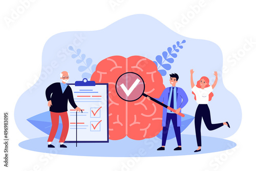 Doctors checking brain health of elderly patient. Tiny man holding magnifying glass to study flat vector illustration. Alzheimer, dementia concept for banner, website design or landing web page