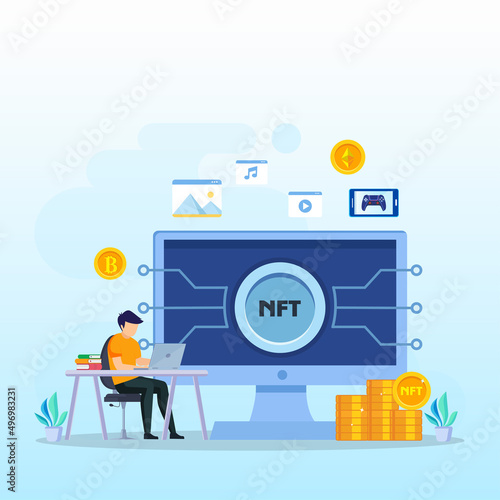 NFT non fungible token, digital crypto art blockchain technology, flat vector illustration,