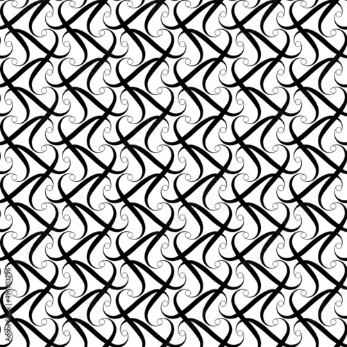 intersected s-shaped curves with circles. black and white repetitive background. modern stylish texture. vector seamless pattern. fabric swatch. wrapping paper. continuous design template for textile