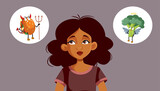 Woman in Doubt Thinking What to Eat Vector Cartoon Illustration