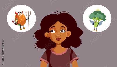 Woman in Doubt Thinking What to Eat Vector Cartoon Illustration