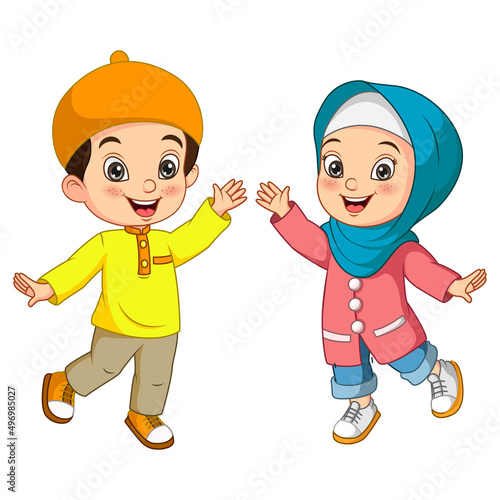Happy muslim boy and girl cartoon