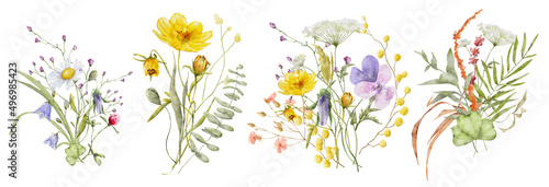Fotografia, Obraz Wild flowers watercolor bouquet botanical hand drawn illustration