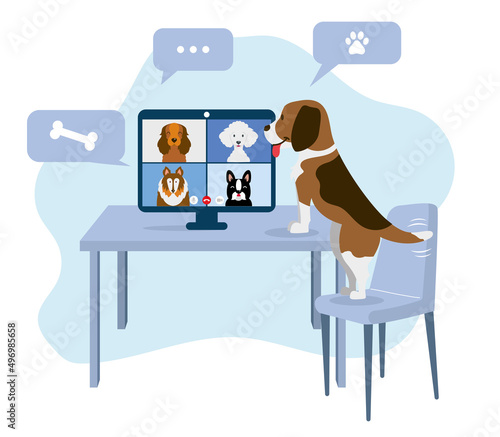 Pets having a videoconference. Dogs having a Meeting by videoconference. Dog friends. Video call with dogs. Vector illustration.  