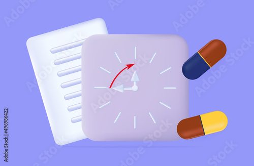 Pill time 3d. Clock reminder to take medication, deadline. Proper dose, doctor's prescription. Timetable for the timely use of tablets or medical capsule. Pharmacy concept, health care banner. Vector