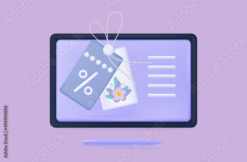 3d coupon or voucher online. Loyalty program with discount vector illustration, sale with a low price tag. Purchase concept with promotional offer and bonus. Favorable purchase at a low price.