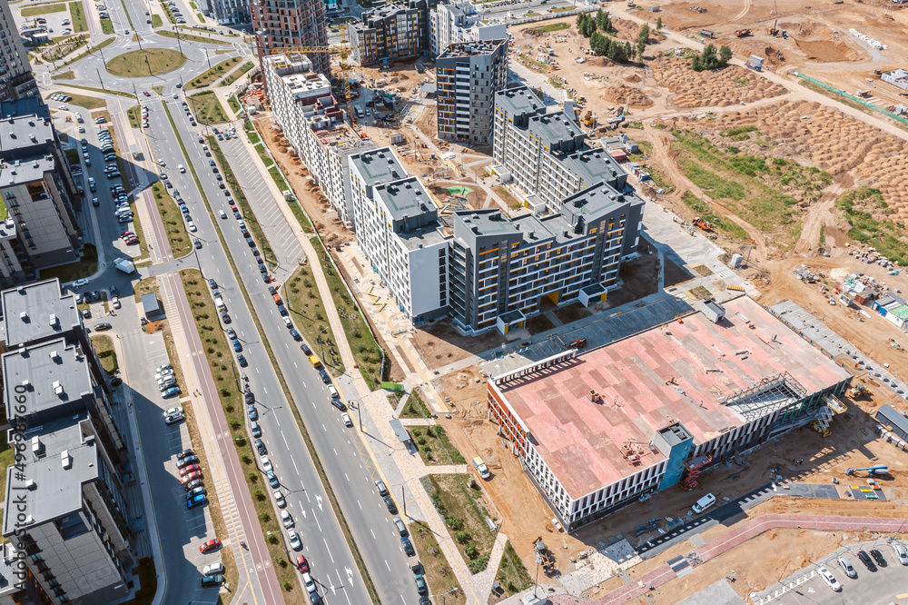 panoramic aerial view of new residential area under construction. housing development. drone photography.