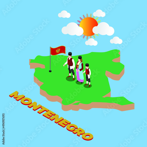 Montenegro family in national dress standing on Montenegro map with topographic details isometric 3d vector illustration concept for banner, website, illustration, landing page, template, etc photo