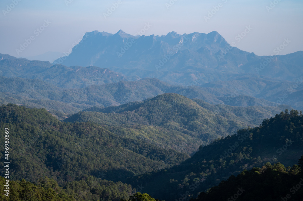 View of Doi Luang Chiang Dao mountain in Chiang Mai province of Thailand during burning season.