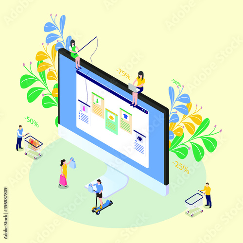 People attracting customers to online shop isometric 3d vector illustration concept for banner, website, illustration, landing page, template, etc