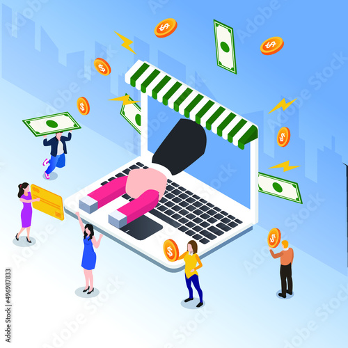 Marketing strategy for online shops to attract customers isometric 3d vector illustration concept for banner, website, illustration, landing page, template, etc