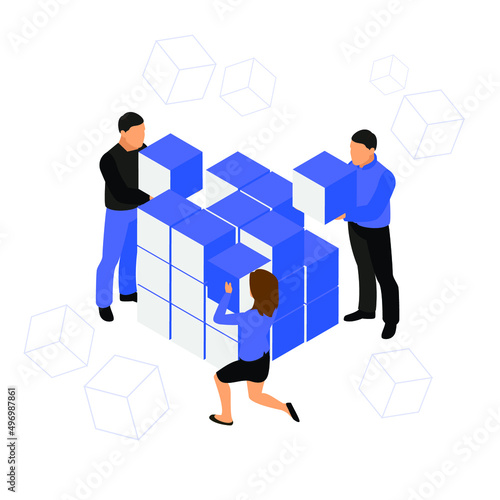 Team work and team building solving problem isometric 3d vector illustration concept for banner, website, illustration, landing page, template, etc