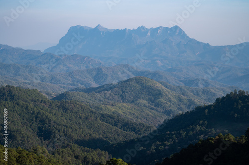 View of Doi Luang Chiang Dao mountain in Chiang Mai province of Thailand during burning season. © boyloso