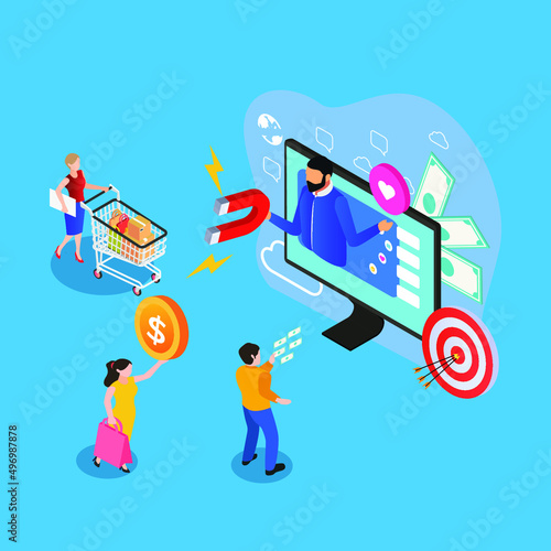 Social media marketing strategy to attract new customers isometric 3d vector illustration concept for banner, website, illustration, landing page, template, etc