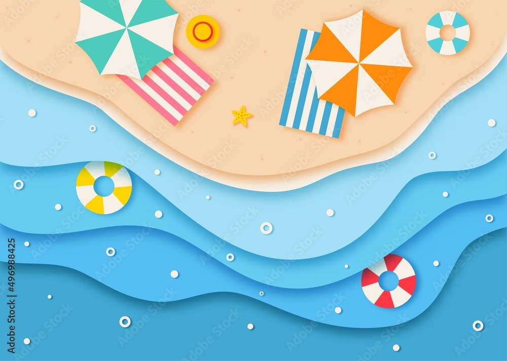 hello summer with beach landscape background. paper art style. vector Illustration.