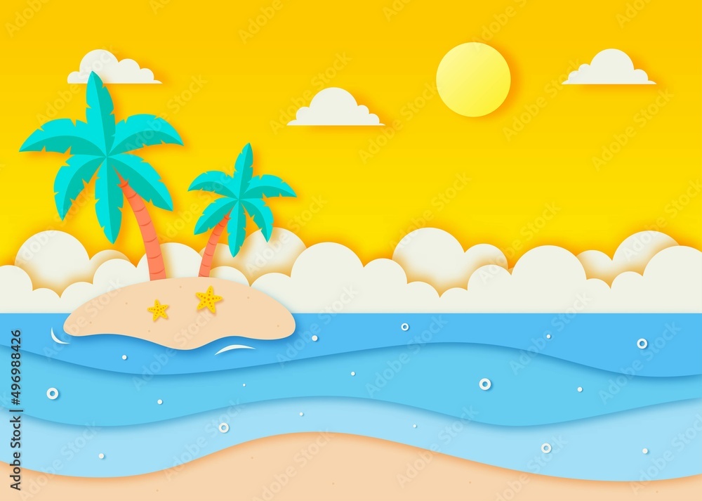 hello summer with beach landscape background. paper art style. vector Illustration.