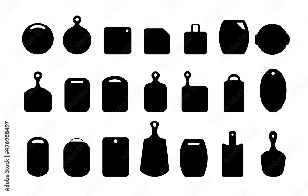 Set of black cutting boards. Kitchen tools of various shapes. Top view. Vector illustration in flat cartoon style. Set of black cutting boards. Kitchen tools of various shapes. Top view. Vector illustration in flat cartoon style.