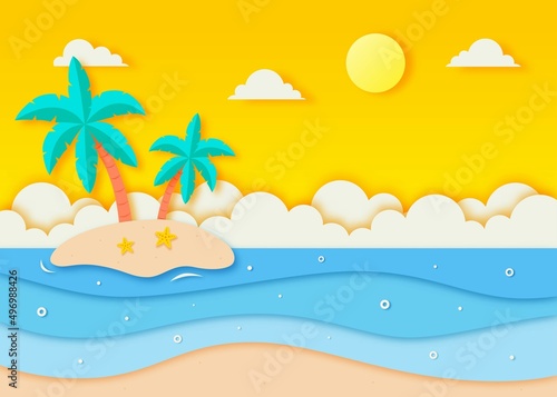 hello summer with beach landscape background. paper art style. vector Illustration. © Sathaporn