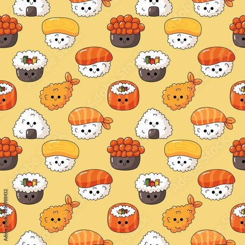 kawaii seamless pattern cute funny sushi and sashimi cartoon style isolated on yellow background. illustration vector.  