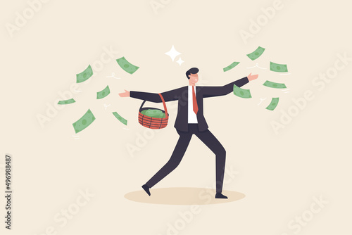 Increase happiness with money. Happy Businessman throwing money, Feeling joyful and delighted with dividends from successful investments. Satisfied with salary or salary increase financial victory.