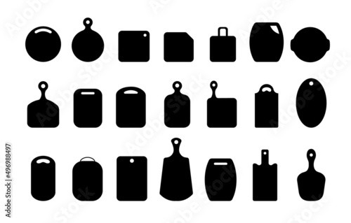 Set of black cutting boards. Kitchen tools of various shapes. Top view. Vector illustration in flat cartoon style.