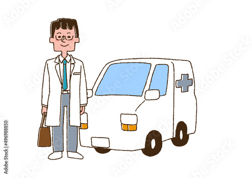 車で往診に向かう医者（男性）コミカルな手書きの人物　ベクター、線画にカラー
