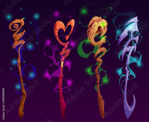 Fantasy magic staves, wizard or magician scepters. Vector cartoon set of sorcerer wooden and metal sticks with different shapes handles and glow isolated on background