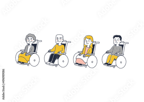 車椅子に乗った人物セット　コミカルな手書きの人物　ベクター、線画にカラー