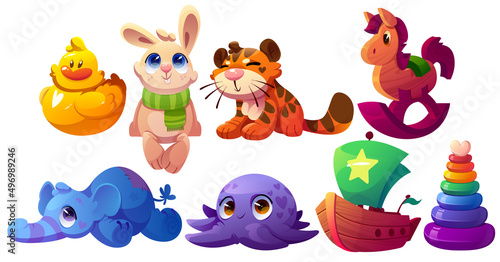 Kids toys, wooden ship, plush animals, plastic duck and pyramid. Vector cartoon set of cute soft tiger, elephant, octopus, rabbit, wood horse and boat for baby play