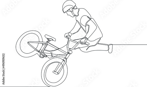 Simple continuous line drawing young rider performing freestyle trick on street. Vector illustration.