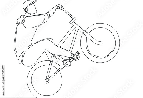 Simple continuous line drawing Young male bicycle jumper. Vector illustration