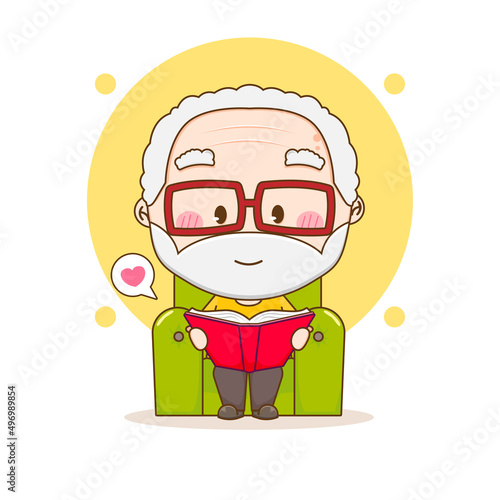 Cute grandpa reading book on sofa chibi hand drawn cartoon character