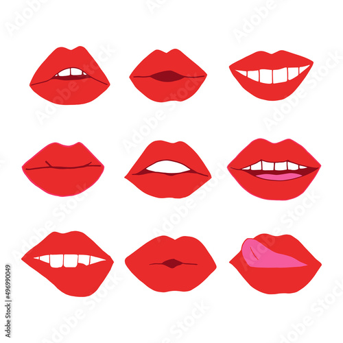 lips with red lipstick set icon. mouth vector illustration hand drawn in cartoon style.