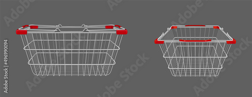Shopping basket, empty supermarket metal cart with handles. Isolated customers equipment for purchasing in retail shop front and side view, grocery and store market, Realistic 3d vector illustration