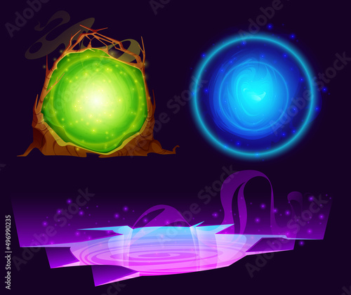 Magic portals to alien world, planet or time. Vector cartoon set of futuristic energy doors, fantasy teleports with sparks and neon glow in wooden arch, hologram circle and crack in ground