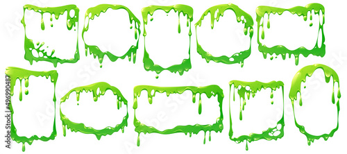 Frames of liquid green slime flows, dripping poison goo. Vector cartoon set of borders different shapes from fluid mucus drops and sticky ooze splatters isolated on white background photo