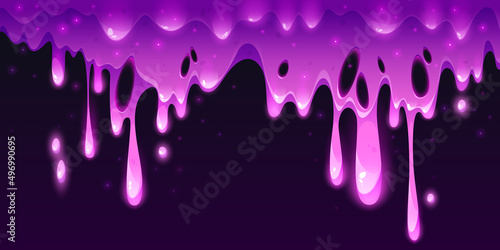 Pink slime dripping, liquid goo, syrup or mucus texture with drops falling down, jam, jelly, sticky ooze drops, horror background for Halloween, cartoon gelatin frame or border, Vector illustration