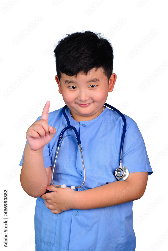 Smiling Asian boy in blue medical uniform doctor costume with stethoscope isolated on white, healthy concept idea. clipping path. Smiling Asian boy in blue medical uniform doctor costume with stethoscope isolated on white, healthy concept idea. clipping path.