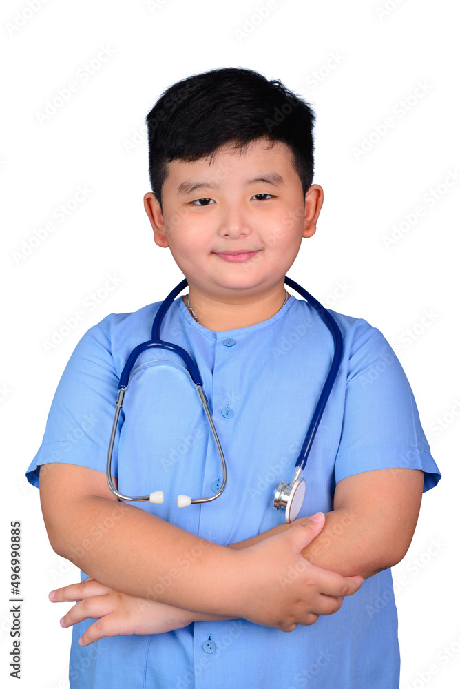 Smiling Asian boy in blue medical uniform doctor costume with stethoscope isolated on white, healthy concept idea. clipping path. Smiling Asian boy in blue medical uniform doctor costume with stethoscope isolated on white, healthy concept idea. clipping path.